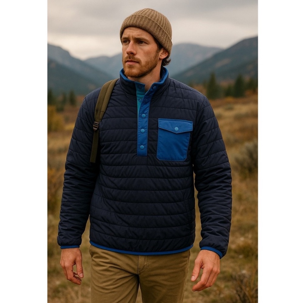 Lands End Men's Quilted Snap Pullover Jacket Medium Blue